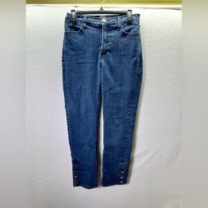 NYDJ Marilyn Straight Jeans Womens 8 Blue Denim Stretch Button legs Cute 2569